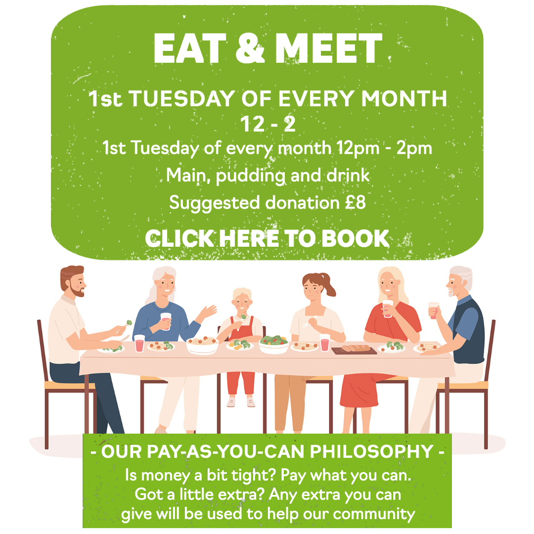 Eat and Meet. 1st Tuesday of every month, 12pm. Two-course lunch and drinks. Recommended donation £8. Click here to book.